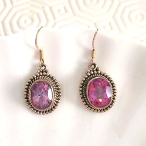 Vintage Boho Sterling Silver Pink Kunzite Crystal Gemstone Drop Earrings